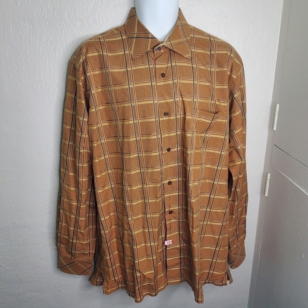 Visconti Uomo 2ply Mercerized Cotton Button Down Shirt Size XL Brown Gold